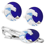 Hokusai Wave Cufflinks & Tie bar set - Blue
