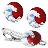 Hokusai Wave Cufflinks & Tie bar set - Red