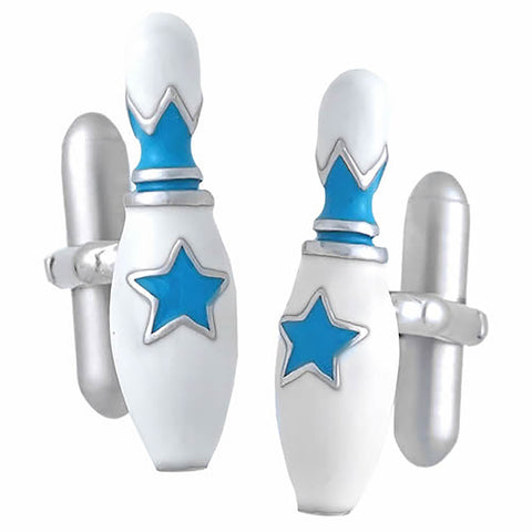 Blue Bowling Pin Cufflinks. Wear your Blue Bowling Pin Cufflinks by Tokyo Cufflinks. They also are perfect gifts for groomsmen, friends, and husbands! These Cufflinks are hand made in Japan from high-quality sturdy rhodium. The cufflinks will come in a beautiful cufflink box.