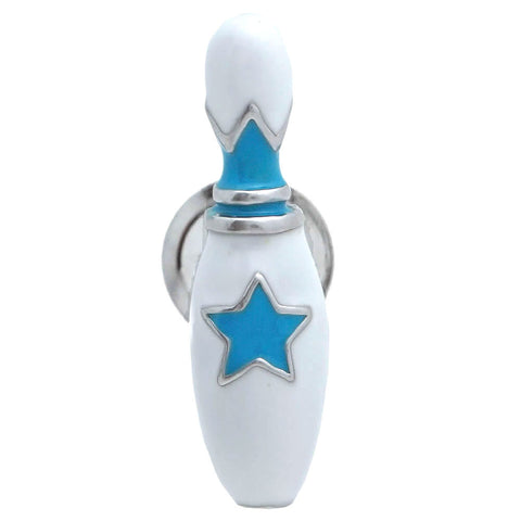 It is a cute Blue Bowling Lapel Pin. Buy this cute lapel pin on the website. Size: Approximately 5/16" × 15/16" in. Material: Tin alloy / Western white / Rhodium plating / Epoxy resin. Color: Silver, Blue & White. Model: P0071