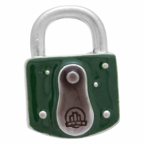 It is a cute Green Padlock Key Lapel Pin. Buy this cute lapel pin on the website. Size: Approximately 3/4" × 1/2" inch. Material: Tin alloy / Western white / Rhodium plating / Epoxy resin. Color: Silver, Green & Light Black. Model: P0146