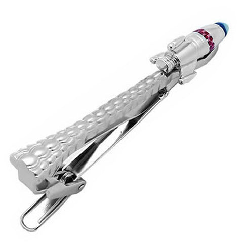 It's a cute Silver Rocket Tie Clips. Order this Tie Clip on the website and this Tie Clip will be delivered in a very beautiful box. Size: Approximately 2 1/4" X 1/4" inch. Material: Tin alloy / Brass / Plating process / Epoxy resin. Color: Silver, Red & Blue. Model: T0016