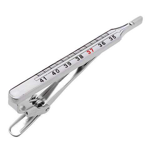 It's a cute Thermometer Tie Clips. Place an order on the website for this tie clip and get delivered in a very beautiful box. Size: Approximately 2 1/4" X 3/16" inch. Material: Tin alloy / Brass / Plating process / Epoxy resin. Color: Silver, Red & Black. Model: T0033. Place an order on the website and get free shipping.