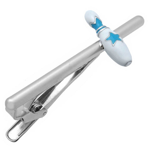 It's a cute Blue Bowling Pins Tie Clips. Size: Approximately 2 5/16" X 15/16" inch. Material: Tin alloy / Brass / Plating process / Epoxy resin. Color: Silver, White & Blue. Model: T0047. Buy Tie Clip on the website and get free shipping anywhere in the USA.