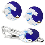 Hokusai Wave Cufflinks & Tie Clip Set - Blue
