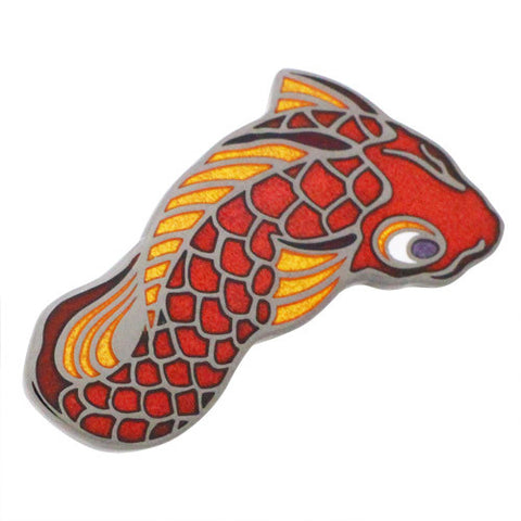 Kasa Bake Lapel Pins Red carp residing in Sumida River Whose size is said to be as large as a small Whale. When it moves in water, the water appeared to be dyed in red. The story tells that when constructing Senj-Ohashi Bridge, the carp hit the piles and shook the bridge, thus they widened the distance between the third and fourth piles. Tokyo Shippo ( Tokyo Cloisonne) made Yokai Pins series, Design by Yokai Designer Yukio Amano.