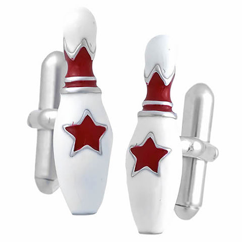 Red Bowling Pin Cufflinks. Wear your Red Bowling Pin Cufflinks by Tokyo Cufflinks. They also are perfect gifts for groomsmen, friends, and husbands! These Cufflinks are hand made in Japan from high-quality sturdy rhodium. The cufflinks will come in a beautiful cufflink box.