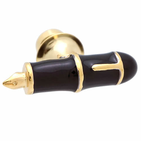 Lapel Pin of a black fountain pen. Excellent design of gold and black. To get this Lapel Pin on the website, place an order. Size: Approximately 7/8" × 3/16" in. Material: Tin alloy / Western white / Rhodium plating / Epoxy resin. Color: Gold & Black. Model: P0012