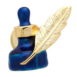 Gold and blue ink fountain Lapel Pin. The wonderful design of the gold feather ornament in the blue ink fountain. Size: Approximately 3/4" × 5/8" in. Material: Tin Alloy / Western White / Rhodium Plating / Epoxy resin. Color: Gold & Blue. Model: P0014