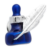 Silver & Blue ink fountain Lapel Pin. The wonderful design of the silver feather ornament in the blue ink fountain. Size: Approximately 3/4" × 5/8" in. Material: Tin Alloy / Western White / Rhodium Plating / Epoxy resin. Color: Silver & Blue. Model: P0015