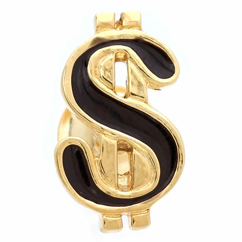 It is a Lapel Pin of the dollar mark. It is a unique item in the USA in the classic. Place an order on the website to get this Lapel Pin. Size: Approximately 11/16" × 3/8" in. Material: Tin Alloy / Western White / Rhodium Plating / Epoxy resin. Color: Gold & Black. Model: P0019