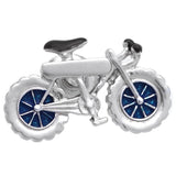 It is a cute Silver Bicycle Lapel Pin. Place an order on the website to get this cute Lapel Pin delivered in a very beautiful box. Size: Approximately 15/16" × 9/16" in. Material: Tin alloy / Western white / Rhodium plating / Epoxy resin. Color: Silver & Blue. Model: P0042