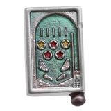 It is a cute Pinball Lapel Pin. Buy Lapel Pins on the website to get this delivered in a beautiful box. Size: Approximately 1/2" × 13/16" in. Material: Tin alloy / Western white / Rhodium plating / Epoxy resin. Color: Silver, Red, Green& Yellow. Model: P0063