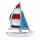 It is a cute Marine Color Yacht Lapel Pin. Buy this cute Lapel Pin on the website. Size: Approximately 13/16" x 9/16" inch. Material: Tin alloy / Western white / Rhodium plating / Epoxy resin. Color: Silver, White, Black, Blue & Red. Model: P0143
