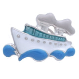 It is a cute White & Blue Ship Lapel Pin. Buy this Cute Lapel Pin on the website and get delivered in a beautiful box Size: Approximately 7/8" x 5/8" inch. Material: Tin alloy / Western white / Rhodium plating / Epoxy resin. Color: Silver, White, Green, Blue. Model: P0144