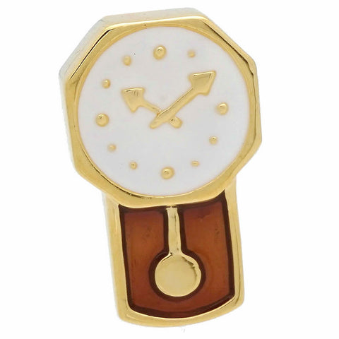It is a cute Gold Wall Clock Lapel Pin. Buy this Lapel Pin on the website. Size: Approximately 1/2" × 13/16" in. Material: Tin alloy / Western white / Rhodium plating / Epoxy resin. Color: Gold, Brown & White. Model: P0037