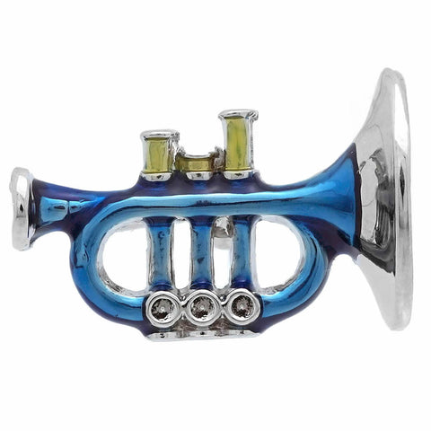 It is a cute Blue Trumpet Lapel Pin. Buy this cute lapel pin on the website. Size: Approximately 9/16" × 7/8" in. Material: Tin alloy / Western white / Rhodium plating / Epoxy resin. Color: Silver, Blue & Yellow. Model: P0092