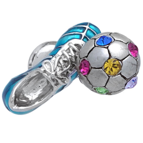 It is a cute Soccer Shoes & Ball Blue Lapel Pin. Size: Approximately 3/4" x 3/8" inch. Material: Brass · Plating paint · Epoxy resin. Color: Silver, Yellow, Blue, Pink, Green & Purple. Model: P0170