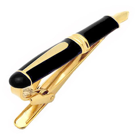 It's a cute Gold Fountain Pen Tie Clips. Buy this cute Tie Clip on the website and get delivered in a very beautiful box. Size: Approximately 2 1/8" X 5/16" inch. Material: Tin alloy / Brass / Plating process / Epoxy resin. Color: Gold, Dark Blue. Model: T0006