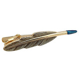 It's a cute Gold Feather Pen Tie Clips. Get this Tie Clip on the website and get delivered in a very beautiful box. Place an order on the website. Size: Approximately 2 5/16" X 7/16" inch. Material: Tin alloy / Brass / Plating process / Epoxy resin. Color: Gold & Blue. Model: T0011